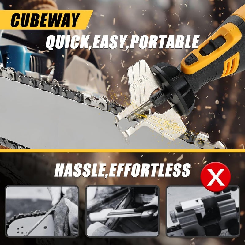 CUBEWAY Cordless Chainsaw Sharpener Kit - Portable 8V Chain Saw Sharpener Tool with 4 Diamond Wheels & Angle Attachment, Variable Speeds, Safety Lock, Hang Ring - Ideal for All Chainsaw Chains - Image 5